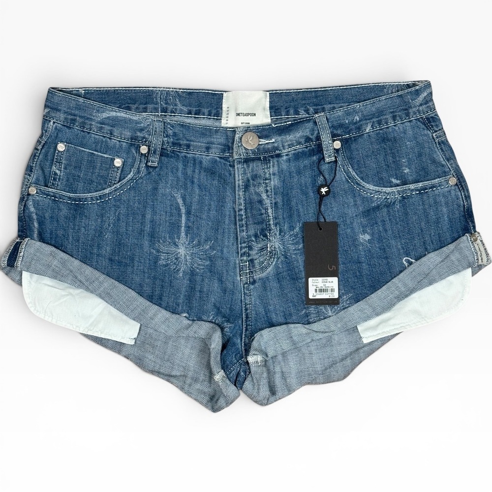 OneTeaspoon Malibu Bandits Shorts Women 32 Ocean Blue Palm Tree Etched Denim NEW